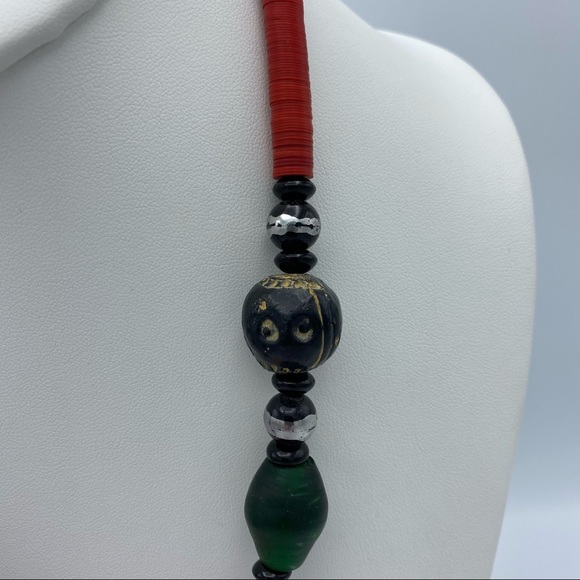 Artisan Vintage African Wood Ceramic Glass Tribal Bohemian Necklace - Picture 7 of 11